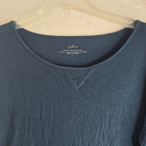 J. Jill Fit Stepped Hem Boat Neck Top Size L Tee Long Sleeve Dark Blue Pullover - Picture 7 of 10